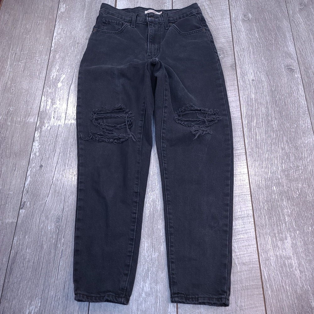 Levi's High Waisted Mom Jeans Women 28 Black Distressed Denim Tapered Leg